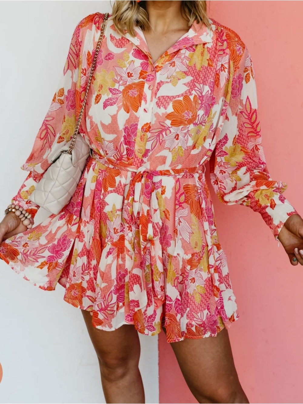 NWOT Fate Floral Button-Front Tie-Waist Mini Dress